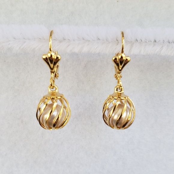18k Gold-Plated Caged Faux Pearl Drop Earrings. - Picture 1 of 1